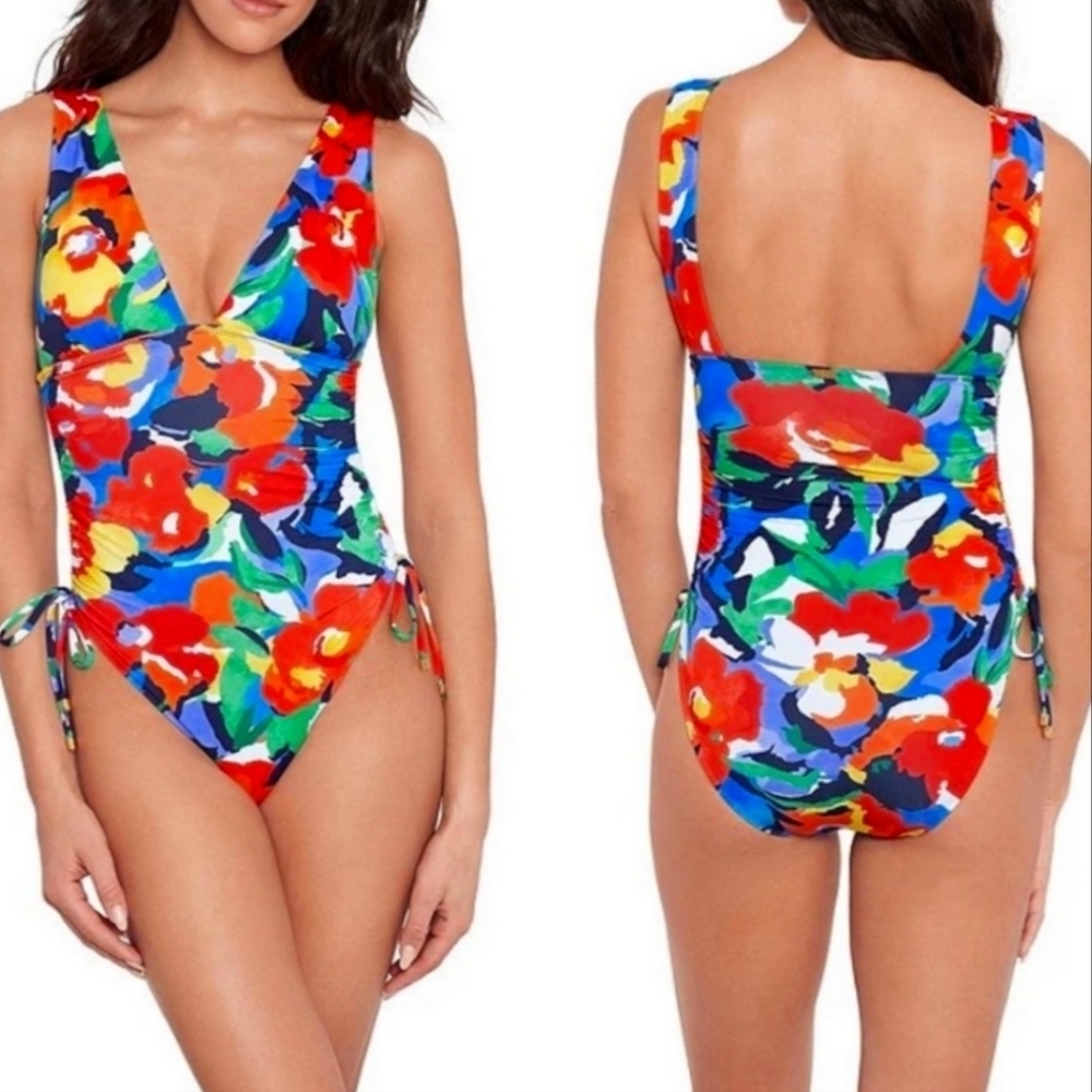 Lauren Ralph Laure Women's Shirred Plunge-Neck One-Piece Swimsuit Size 12